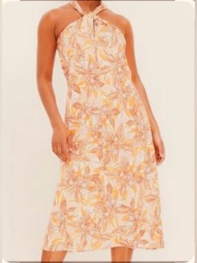 LOFT Peach & Cream Halter Floral Midi Dress with Keyhole